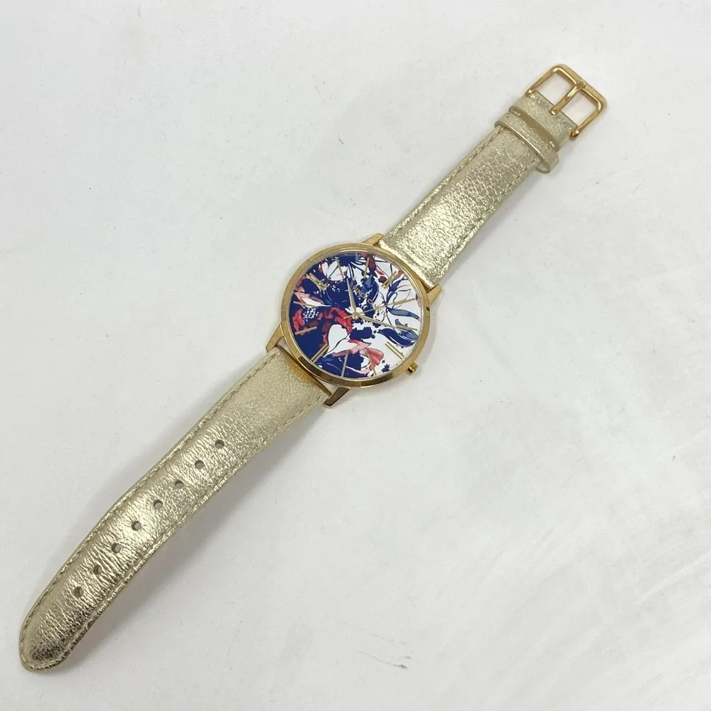 Vince Camuto Women's Watch 40mm Floral Dial Gold Tone Leather New Battery 8.25